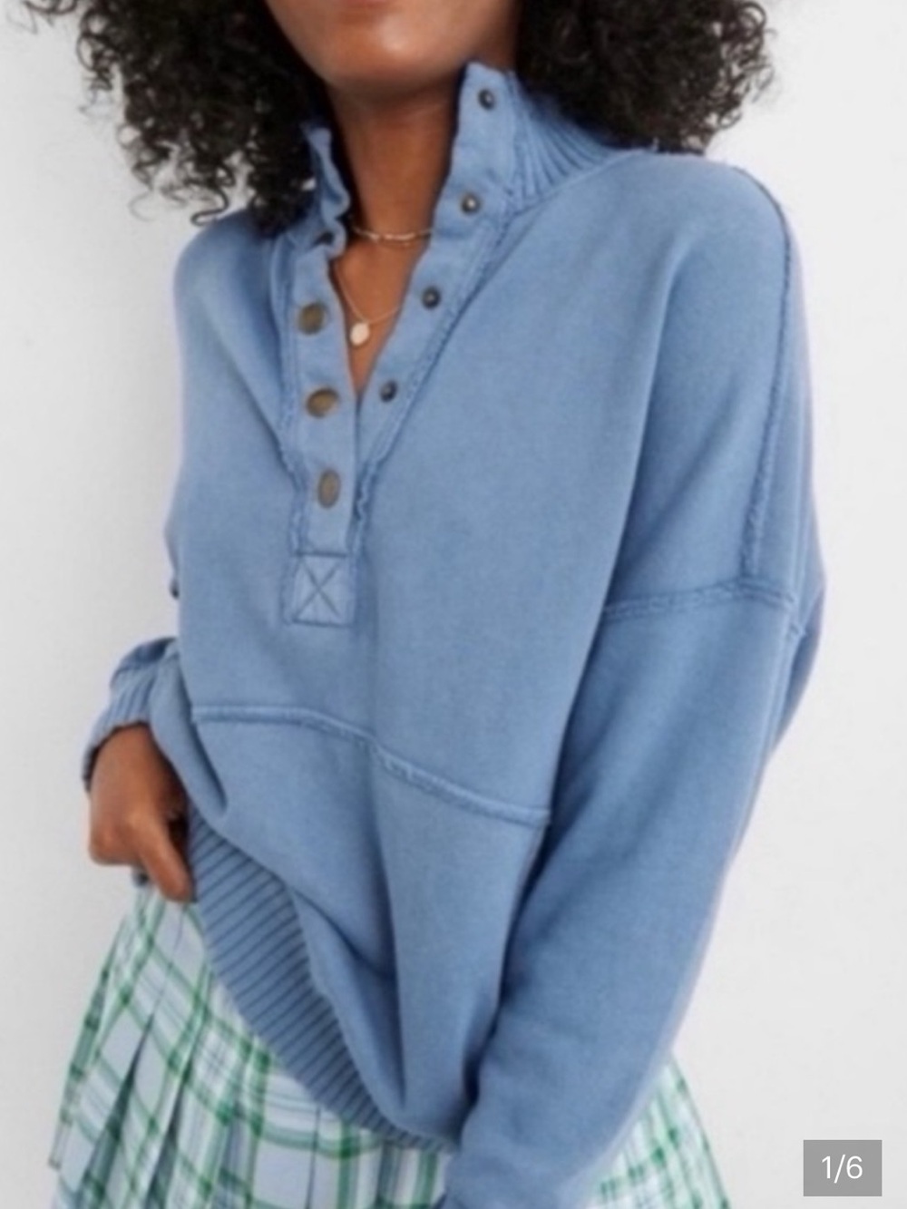 aerie Light Blue Button-Front Turtleneck Pullover